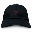 West Potomac RFC Adult Low-Profile Cotton Twill Dad Cap in black cotton twill featuring an embroidered maroon West Potomac Rugby shield logo with a beaver.