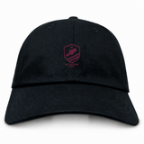 West Potomac RFC Adult Low-Profile Cotton Twill Dad Cap in black cotton twill featuring an embroidered maroon West Potomac Rugby shield logo with a beaver.
