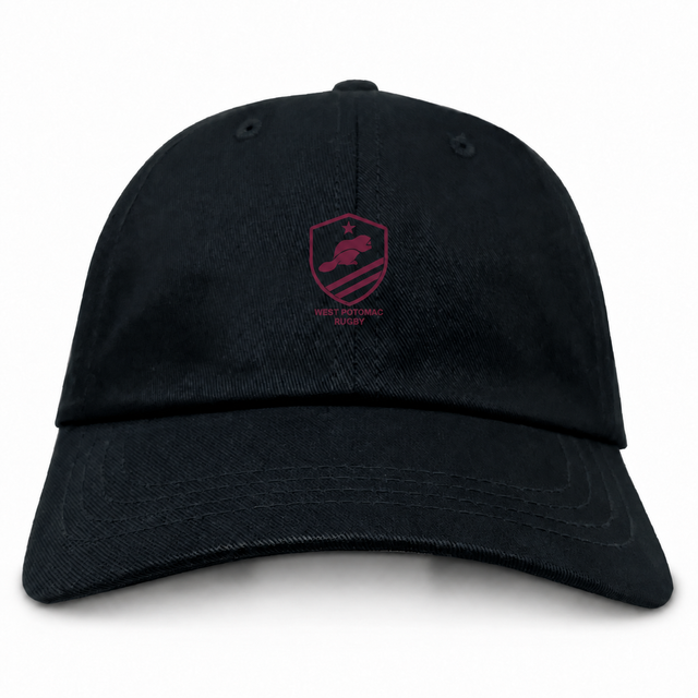 West Potomac RFC Adult Low-Profile Cotton Twill Dad Cap in black cotton twill featuring an embroidered maroon West Potomac Rugby shield logo with a beaver.