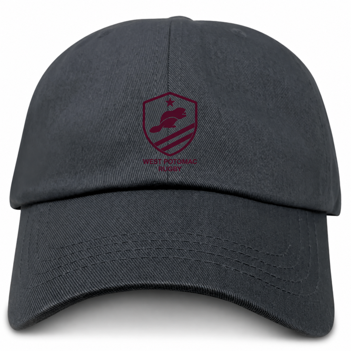 West Potomac RFC Adult Low-Profile Cotton Twill Dad Cap in dark grey featuring the West Potomac Rugby shield logo in maroon.