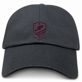 West Potomac RFC Adult Low-Profile Cotton Twill Dad Cap in dark grey featuring the West Potomac Rugby shield logo in maroon.