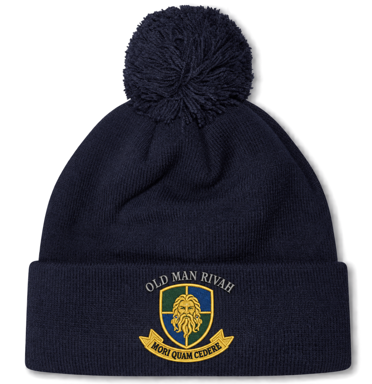 Navy blue Old Man Rivah Rugby Pom Pom Beanie by Canterbury featuring a bobble and an embroidered cuff crest with a bearded face, the text “Old Man Rivah,” and a banner reading “Mori Quam Cedere.”.