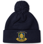 Navy blue Old Man Rivah Rugby Pom Pom Beanie by Canterbury featuring a bobble and an embroidered cuff crest with a bearded face, the text “Old Man Rivah,” and a banner reading “Mori Quam Cedere.”.