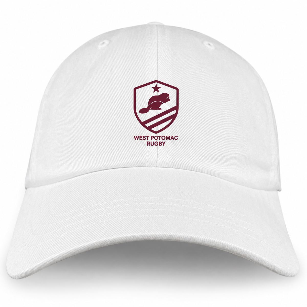 A West Potomac RFC Adult Low-Profile Cotton Twill Dad Cap in white, featuring the West Potomac Rugby logo of a beaver inside a shield with a star and stripes embroidered on the front.