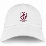 A West Potomac RFC Adult Low-Profile Cotton Twill Dad Cap in white, featuring the West Potomac Rugby logo of a beaver inside a shield with a star and stripes embroidered on the front.