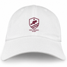 A West Potomac RFC Adult Low-Profile Cotton Twill Dad Cap in white, featuring the West Potomac Rugby logo of a beaver inside a shield with a star and stripes embroidered on the front.