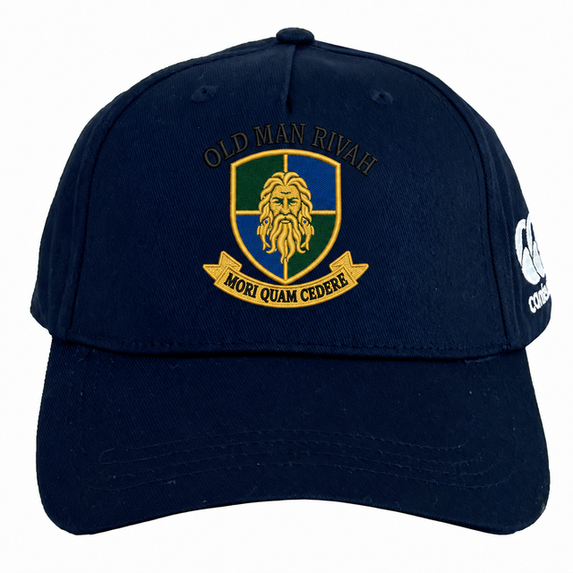 Navy blue Old Man Rivah Rugby Flexfit Drill Cap featuring an embroidered crest with a bearded face, the text “OLD MAN RIVAH” above, and “MORI QUAM CEDERE” below.