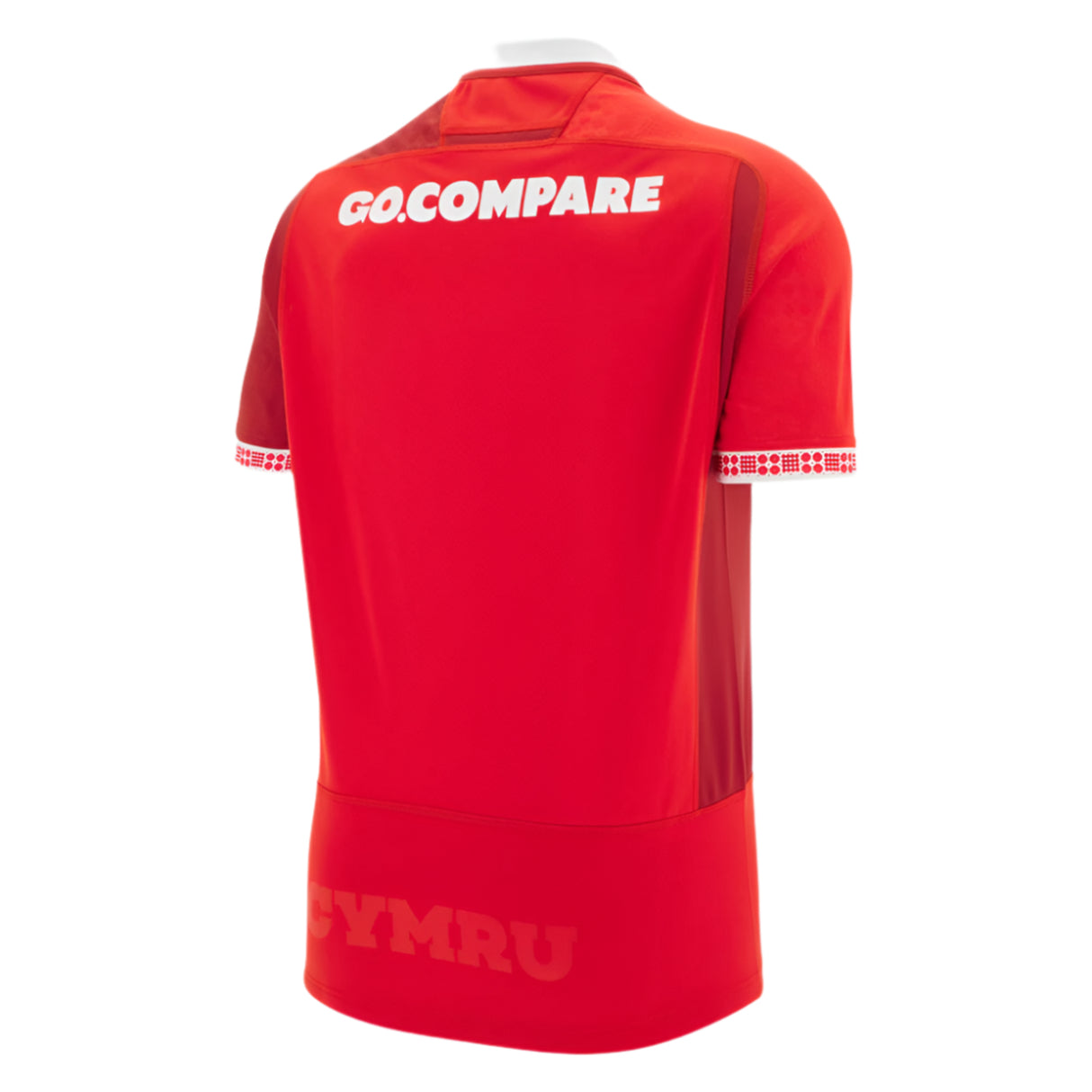 The Wales 25/26 Replica Home Jersey by Macron is a classic red rugby shirt, shown from the back with “GO.COMPARE” in white across the shoulders and “CYMRU” faintly near the lower back—perfect for Wales Rugby fans.