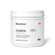 A white container of Momentous Creatine by Momentous, displaying product details, branding, and serving size information on the front label—formulated with pure creatine monohydrate to support muscle growth and enhance cognitive function.