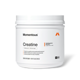 A white container of Momentous Creatine by Momentous, displaying product details, branding, and serving size information on the front label—formulated with pure creatine monohydrate to support muscle growth and enhance cognitive function.