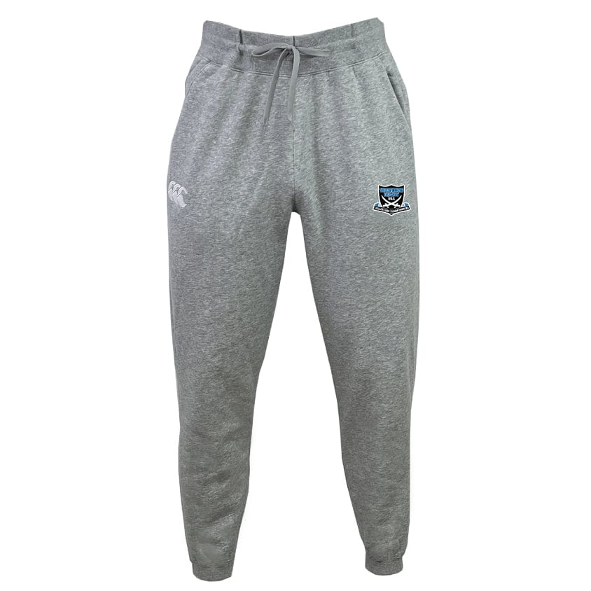 The Fort Hunt Leisure Sweatpant by EMB Canterbury is designed in gray with a drawstring waist, made from recycled polyester fleece and organic cotton, featuring a logo on the right thigh and a white emblem on the left.