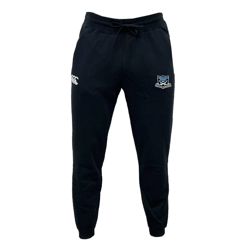Experience comfort and style with the Fort Hunt Leisure Sweatpant by Canterbury, featuring a sleek black design crafted from organic cotton and adorned with a logo on the right thigh. These joggers also include a recycled polyester fleece lining and a convenient drawstring waist for an effortlessly relaxed fit, brought to you by EMB Canterbury.