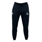 Experience comfort and style with the Fort Hunt Leisure Sweatpant by Canterbury, featuring a sleek black design crafted from organic cotton and adorned with a logo on the right thigh. These joggers also include a recycled polyester fleece lining and a convenient drawstring waist for an effortlessly relaxed fit, brought to you by EMB Canterbury.
