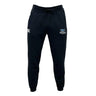 Experience comfort and style with the Fort Hunt Leisure Sweatpant by Canterbury, featuring a sleek black design crafted from organic cotton and adorned with a logo on the right thigh. These joggers also include a recycled polyester fleece lining and a convenient drawstring waist for an effortlessly relaxed fit, brought to you by EMB Canterbury.