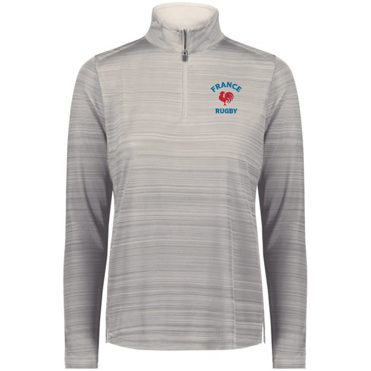 The EMB Augusta Women's Nations of Rugby France Pursuit 1/4 Zip Pullover is a light grey long-sleeve top featuring "FRANCE RUGBY" and a red rooster logo—ideal apparel for France rugby fans.