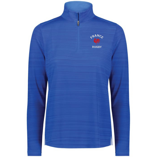 The EMB Augusta Women's Nations of Rugby France Pursuit 1/4 Zip Pullover features a blue long-sleeve design with a "France Rugby" logo and red rooster emblem—ideal for fans wanting stylish women's rugby apparel.