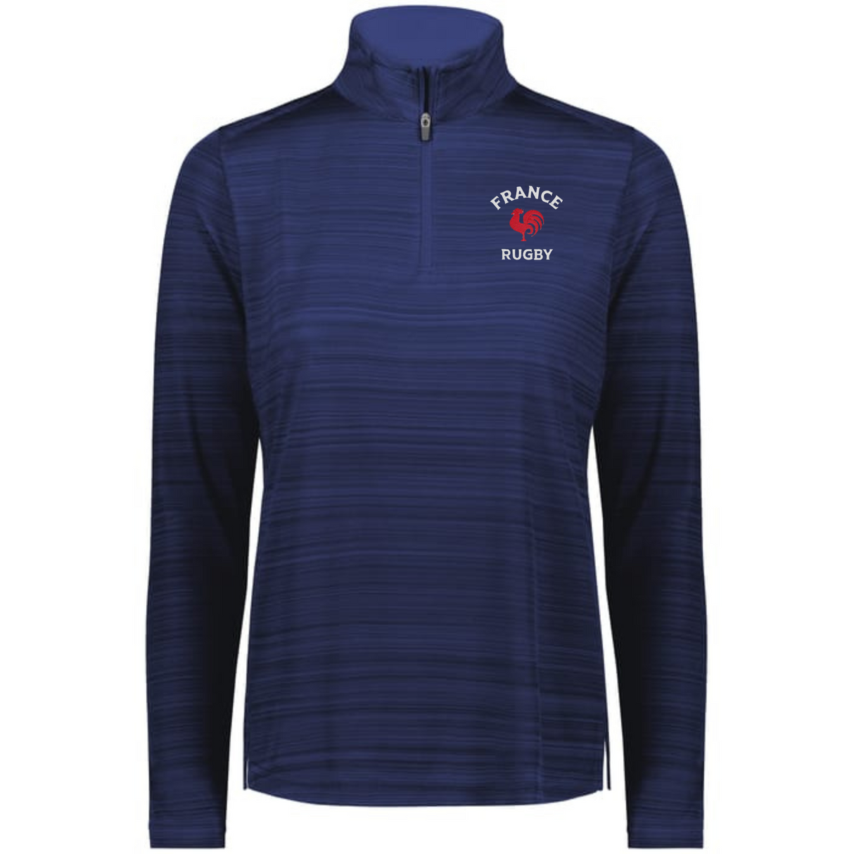 The EMB Augusta Women's Nations of Rugby France Pursuit 1/4 Zip Pullover is a navy, long-sleeve top featuring the "France Rugby" logo—ideal for women's rugby apparel collections.