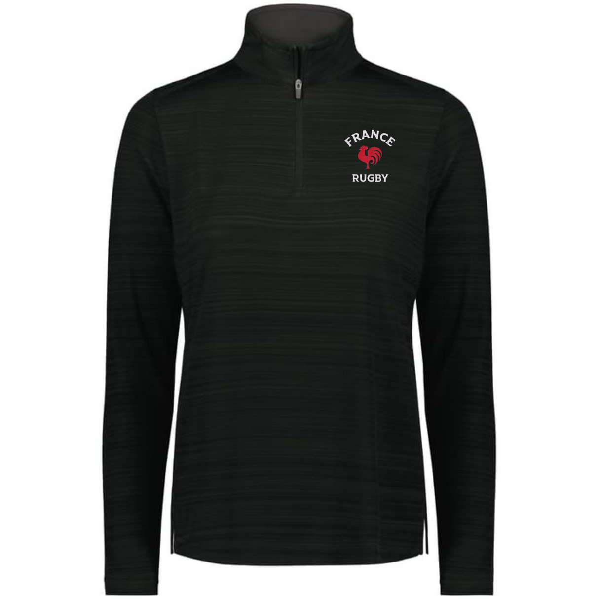 The EMB Augusta Women's Nations of Rugby France Pursuit 1/4 Zip Pullover features "France Rugby" and a red rooster logo, made from moisture-wicking fabric for comfort on and off the field.