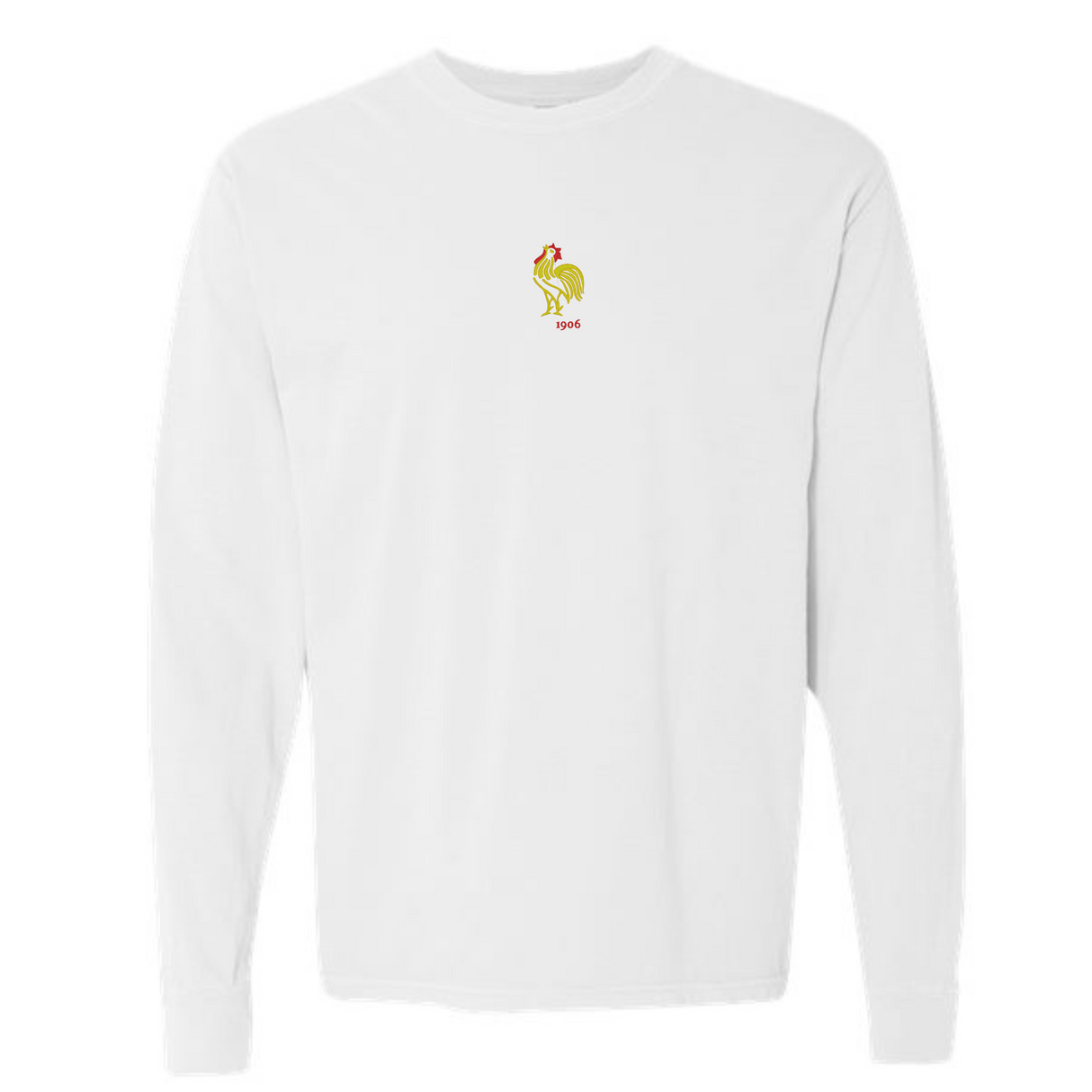 The France Vintage Long Sleeve Comfort Tee by EMB S&S Activewear features a small central embroidered rooster and "1905" below it.