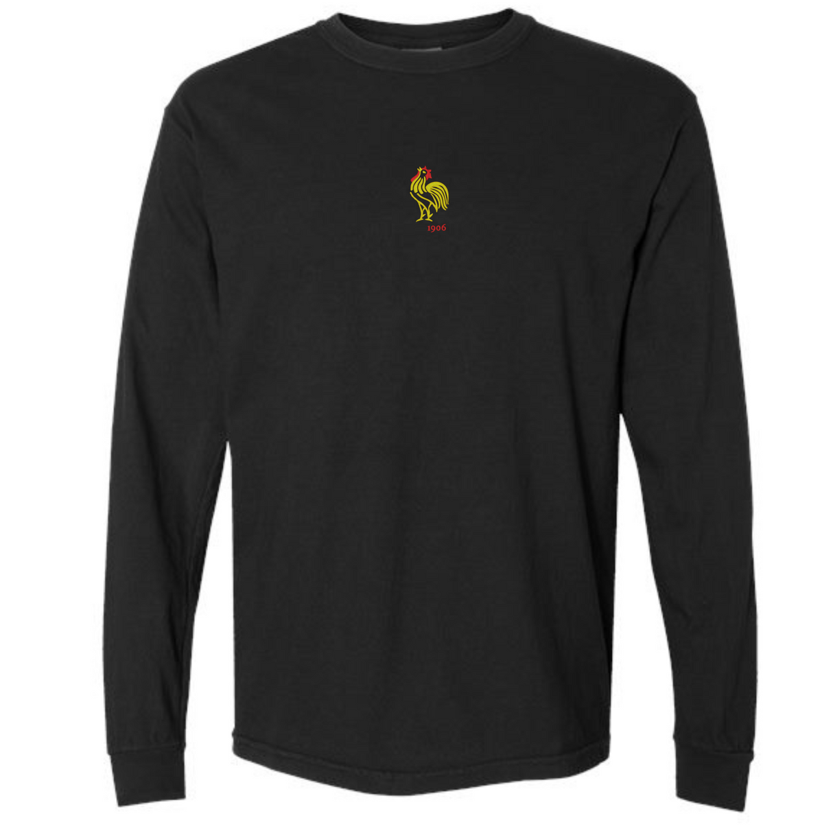 The EMB S&S Activewear France Vintage Long Sleeve Comfort Tee features a small yellow and red rooster graphic with "1965" on the center chest, combining comfort with classic French-inspired style.