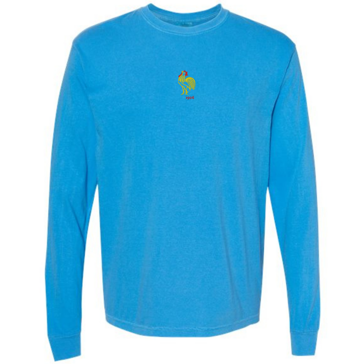 The EMB S&S Activewear France Vintage Long Sleeve Comfort Tee features a vibrant blue color, a small colorful rooster, and "1964" printed on the chest.