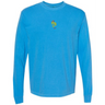 The EMB S&S Activewear France Vintage Long Sleeve Comfort Tee features a vibrant blue color, a small colorful rooster, and "1964" printed on the chest.