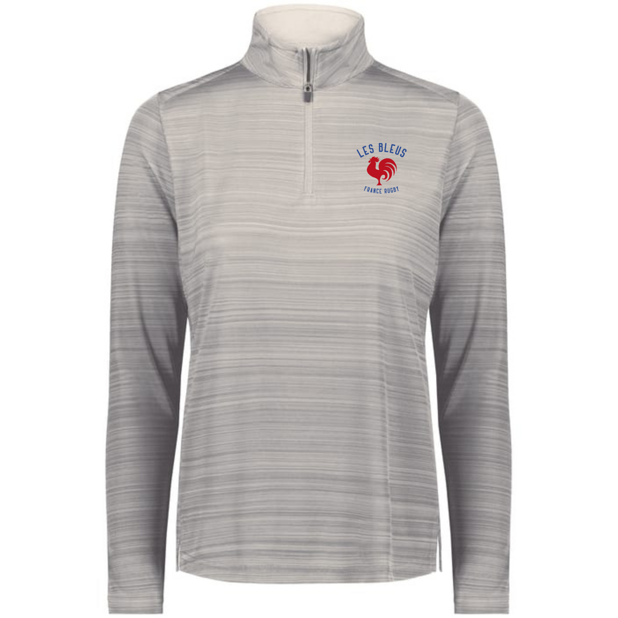 Show your support in style with the EMB Augusta Women's Nations of Rugby Les Bleus Pursuit 1/4 Zip Pullover, featuring a quarter-zip collar, "Les Bleus France Rugby" logo, and a red rooster emblem on the left chest.