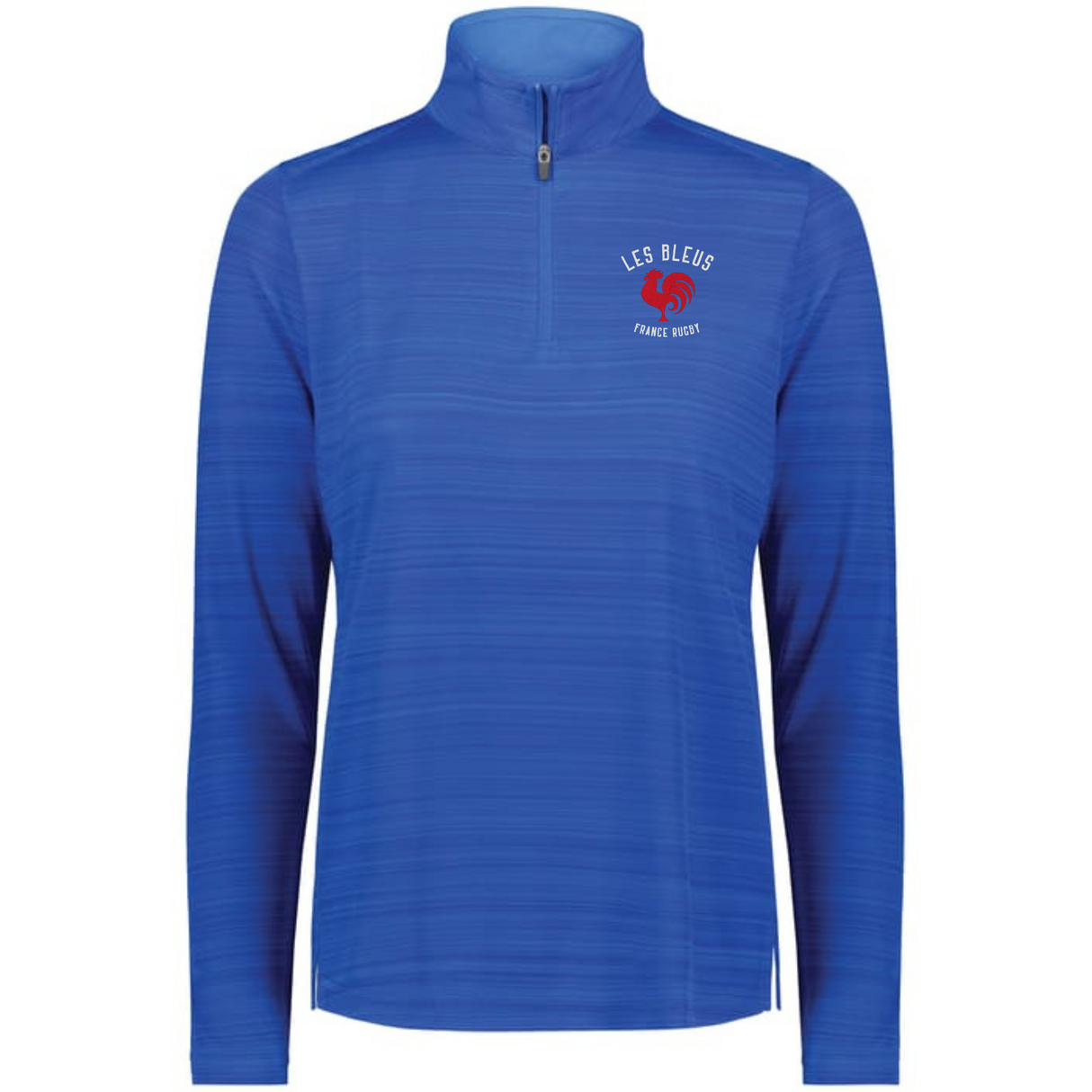 The EMB Augusta Women's Nations of Rugby Les Bleus Pursuit 1/4 Zip Pullover is a blue moisture-wicking athletic top featuring "LES BLEUS," "FRANCE RUGBY" text, and a red logo—perfect for fans.