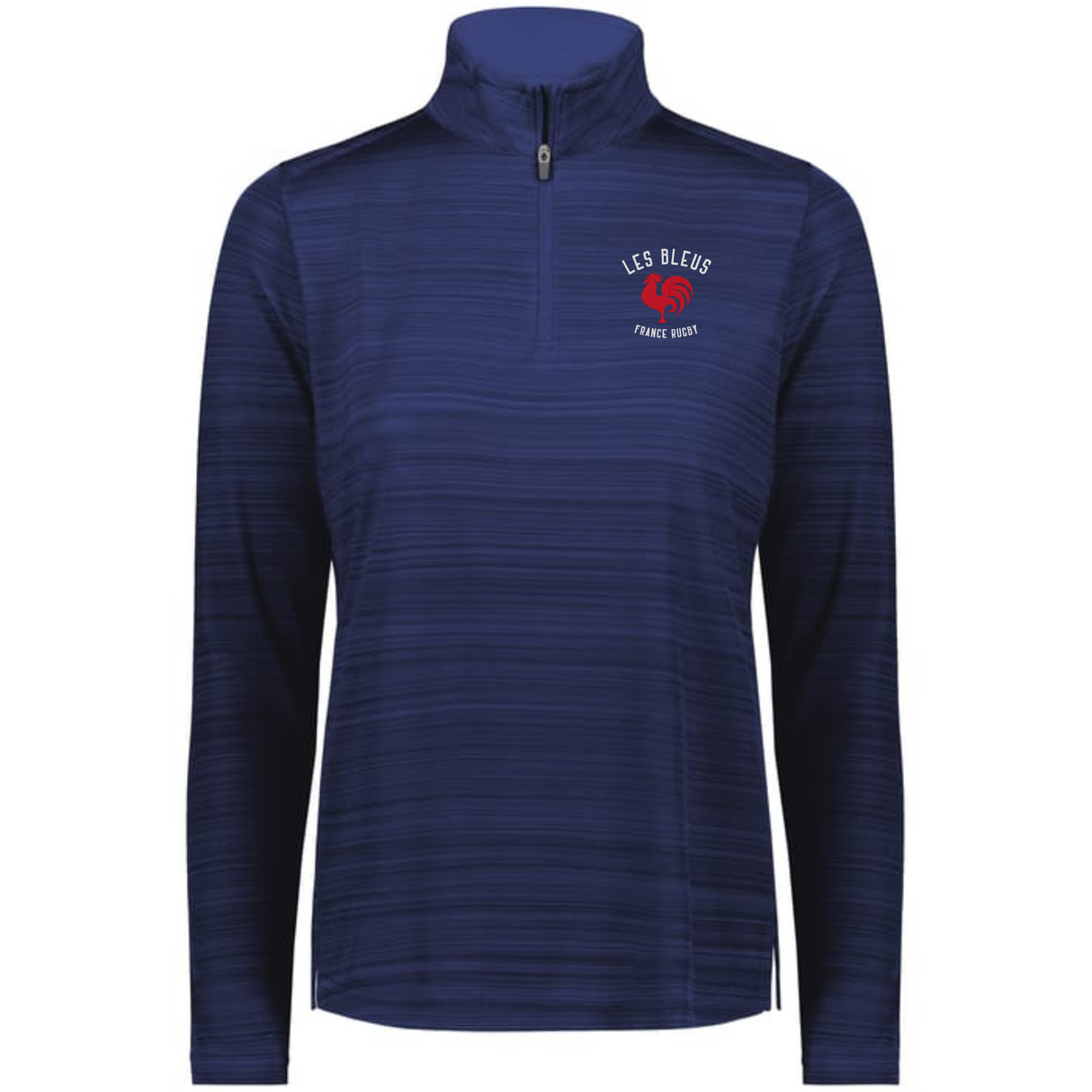 The EMB Augusta Women's Nations of Rugby Les Bleus Pursuit 1/4 Zip Pullover features navy stripes, "LES BLEUS," a red volleyball logo, "FRANCE WEST" on the chest, and moisture-wicking fabric—ideal for active days.
