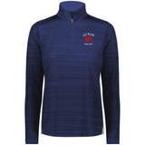 The EMB Augusta Women's Nations of Rugby Les Bleus Pursuit 1/4 Zip Pullover features navy stripes, "LES BLEUS," a red volleyball logo, "FRANCE WEST" on the chest, and moisture-wicking fabric—ideal for active days.