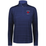 The EMB Augusta Women's Nations of Rugby Les Bleus Pursuit 1/4 Zip Pullover features navy stripes, "LES BLEUS," a red volleyball logo, "FRANCE WEST" on the chest, and moisture-wicking fabric—ideal for active days.