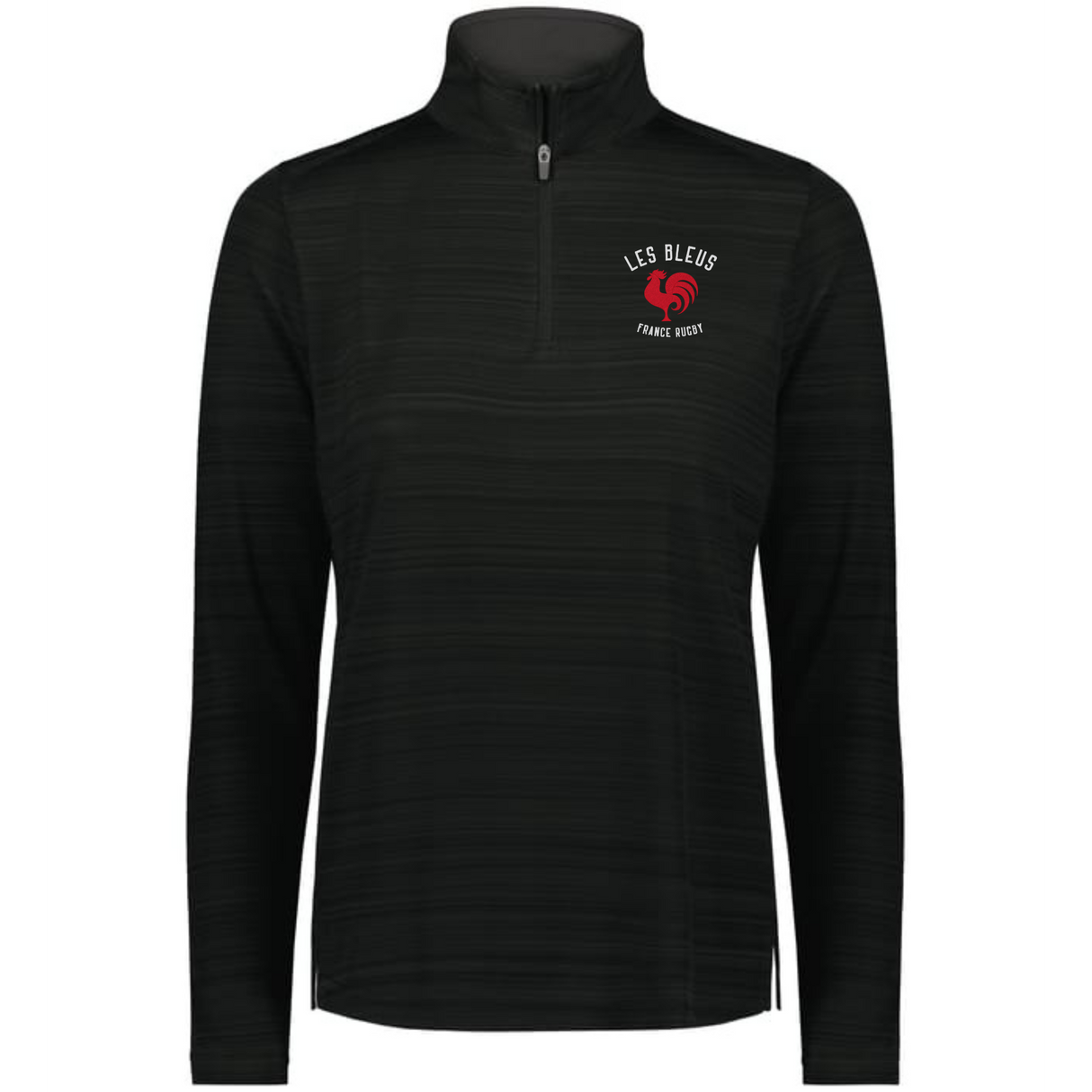 The EMB Augusta Women's Nations of Rugby Les Bleus Pursuit 1/4 Zip Pullover in black features "LES BLEUS FRANCE RUGBY" and a red rooster logo on the chest. This moisture-wicking athletic top is perfect for rugby fans.