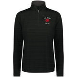 The EMB Augusta Women's Nations of Rugby Les Bleus Pursuit 1/4 Zip Pullover in black features "LES BLEUS FRANCE RUGBY" and a red rooster logo on the chest. This moisture-wicking athletic top is perfect for rugby fans.