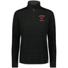 The EMB Augusta Women's Nations of Rugby Les Bleus Pursuit 1/4 Zip Pullover in black features "LES BLEUS FRANCE RUGBY" and a red rooster logo on the chest. This moisture-wicking athletic top is perfect for rugby fans.