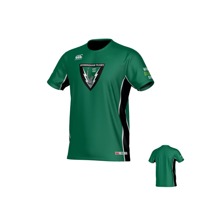 The Teamatical Birmingham Vulcans Reversible Training Shirt features a green short-sleeve design with the “Birmingham Rugby” logo on the front, white sponsor text on the sleeve, and black side panels. This lightweight shirt is crafted for comfort and performance. Images display both front and back views on a white background.