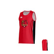 Godzilla Rugby Canterbury Kirra Performance Singlet in red by Teamatical, featuring a sleeveless design with a prominent “Godzilla” dragon logo on the front and a small white Teamatical brand logo on the chest, displayed from both front and back views.