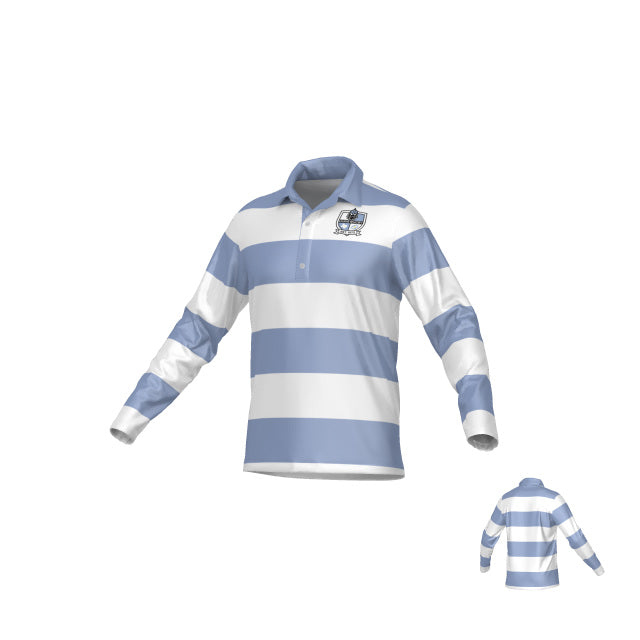 The Teamatical Austin Huns DNA LS Pique Polo Shirt features wide light blue and white stripes, a collar, left chest logo, and long sleeves; small inset shows back view.