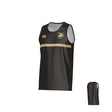 The West Point Canterbury Legacy Performance Singlet by Teamatical is a sleeveless black athletic jersey with a gold horizontal stripe, a logo on the left chest, a small white logo on the right chest, and features both front and back views.