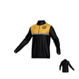 The Teamatical Pittsburgh Forge Canterbury Legacy Midlayer 1/4 Zip is a black and yellow long-sleeve pullover with a front zipper and chest logo, shown from both front and back angles.