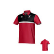 The Northeastern University Men's Rugby Canterbury Legacy Performance Polo by Teamatical features red and black short sleeves, a white horizontal stripe, logo and text on the left chest, plus a small back view.