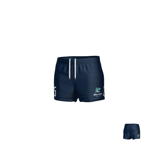 Navy blue Teamatical NCRA Megalodons Women’s rugby shorts with a white drawstring waist, featuring a shark logo and “Megalodons” text on the leg.