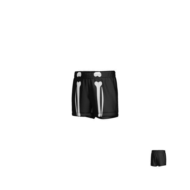 The Teamatical WRS PRO YOUTH SHORT - SPOOKY BONES are black athletic shorts featuring white bone graphics resembling leg bones on the front, displayed against a plain white background.