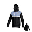 The Austin Huns Canterbury Legacy Performance Hoodie by Teamatical features black and light blue colors, white accents, a front pocket, and sports team logo on the chest; displayed in both front and back views.