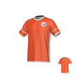 Society of Iowa Rugby Referees Men’s Oxford Reversible Jersey by Teamatical featuring orange short sleeves with white trim, a hexagon pattern, and a circular badge on the left chest; front and back views of the shirt are shown.