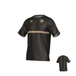 The Teamatical West Point Canterbury Legacy Performance Tee is a black short-sleeve jersey with a gold horizontal chest stripe, team crest left, and manufacturer logos on right chest and sleeve; the back is plain.