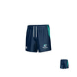 Teamatical NC Megalodons Canterbury Hunter Gym Shorts feature navy fabric, white drawstrings, teal side accents, a Megalodons logo, and a secure zip pocket for storage.