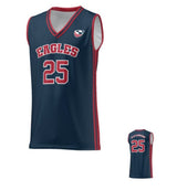 A navy blue and red Teamatical USA Rugby Basketball Jersey with the word "EAGLES" and the number 25 on the front. A smaller, identical side view is also shown.