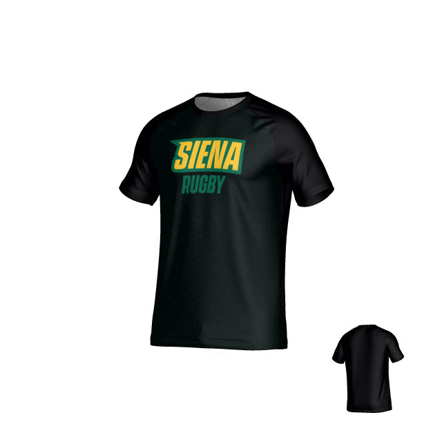 The Teamatical Siena College DNA Crew Performance Tee is a black short-sleeve athletic shirt with "SIENA RUGBY" in yellow and green on the front, moisture management for comfort, and a plain black back—ideal for rugby training.