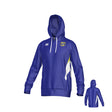 Winchester Cannons Canterbury Hunter Performance Hoodie by Teamatical, featuring a blue color with white drawstrings, a white logo on the chest, yellow and white side accents, and a front pocket; displayed from both front and back views on a plain white background.
