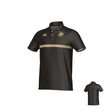 The Teamatical West Point Canterbury Legacy Performance Polo features a black design with a gold horizontal chest stripe, gold crest on the left chest, and short sleeves; shown from front and back views.